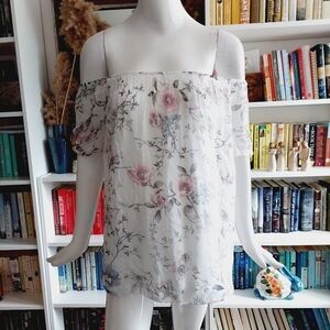 LUISA RICCI White Floral Crinkle Silk Off Shoulder Peasant Flowy Top  P899